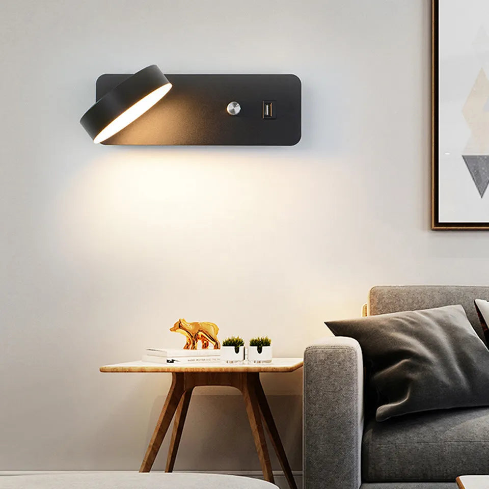 Square LED wall lamp with rotating head and dimming control in black or white finish