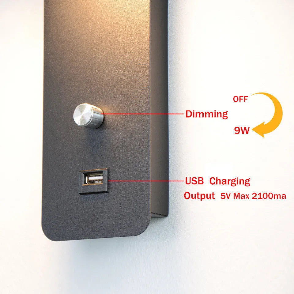 Square LED wall lamp with rotating head and dimming control in black or white finish