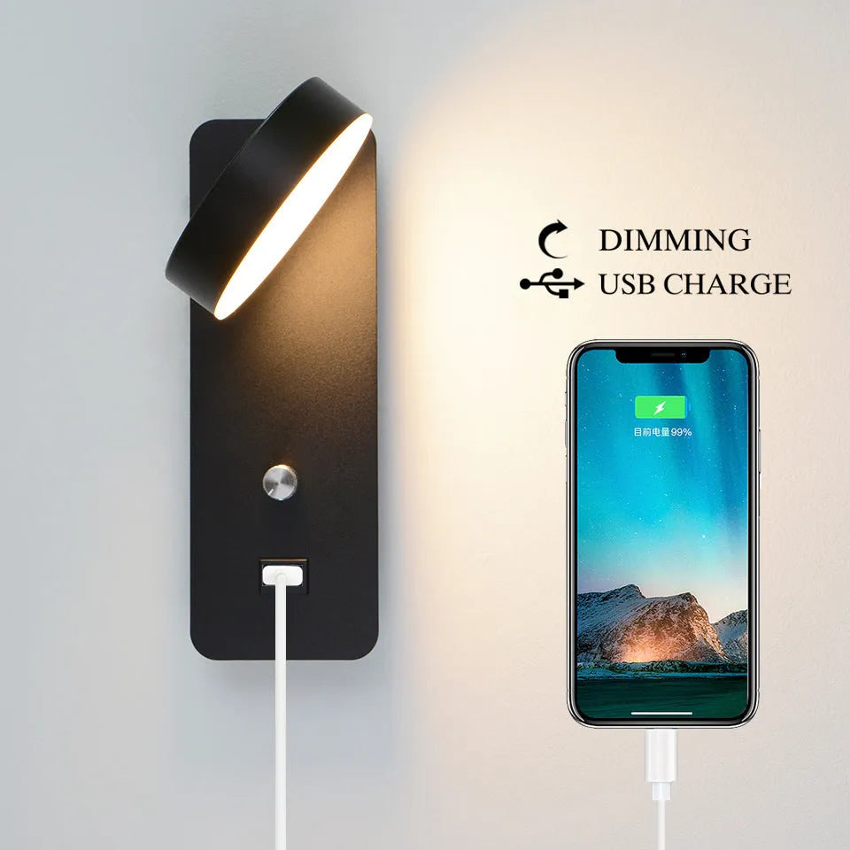 Square LED wall lamp with rotating head and dimming control in black or white finish