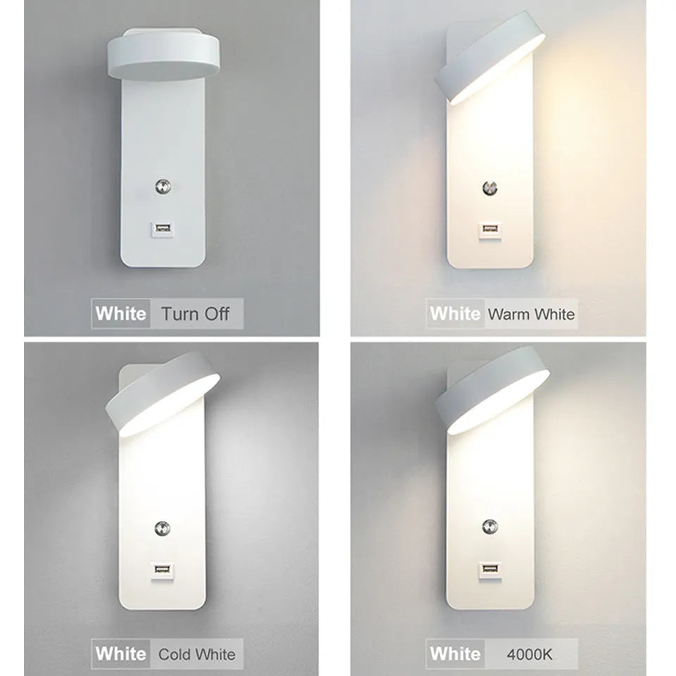 Square LED wall lamp with rotating head and dimming control in black or white finish