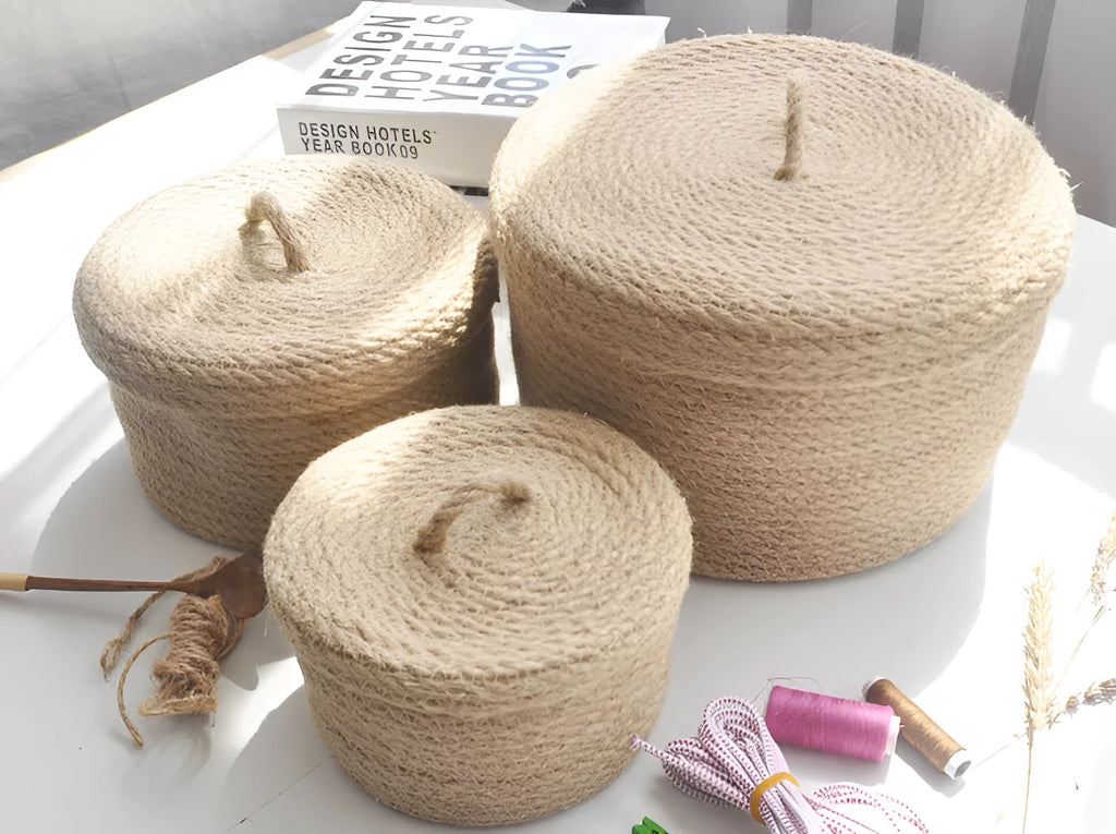 Japanese style fabric storage basket with a cover for tabletop organisation in three sizes.
