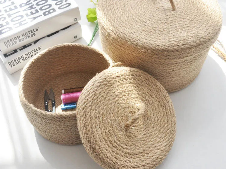 Japanese style fabric storage basket with a cover for tabletop organisation in three sizes.