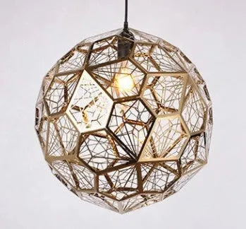 Stainless steel polyhedron diamond ball LED chandelier with metal mesh shade, 300mm, adjustable 1.2m height, for bar or restaurant.