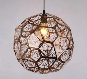 Stainless steel polyhedron diamond ball LED chandelier with metal mesh shade, 300mm, adjustable 1.2m height, for bar or restaurant.