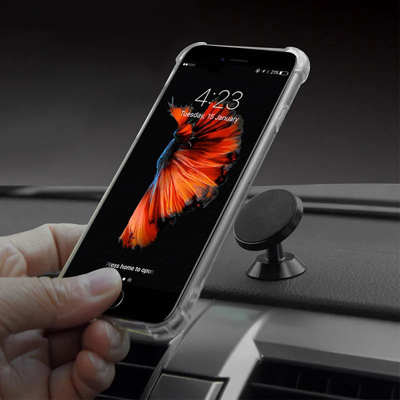 Universal magnetic car phone holder with circular base in black, silver, and gold colour options