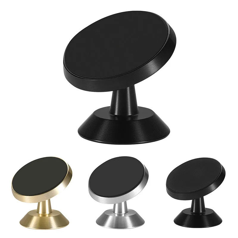 Universal magnetic car phone holder with circular base in black, silver, and gold colour options