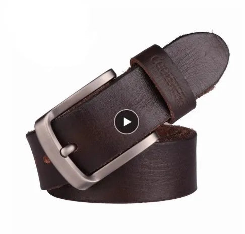Men's first layer cowhide leather belt with rectangular alloy pin buckle and rivet detail in black