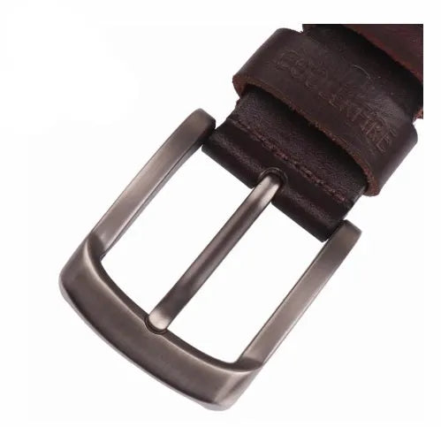 Men's first layer cowhide leather belt with rectangular alloy pin buckle and rivet detail in black