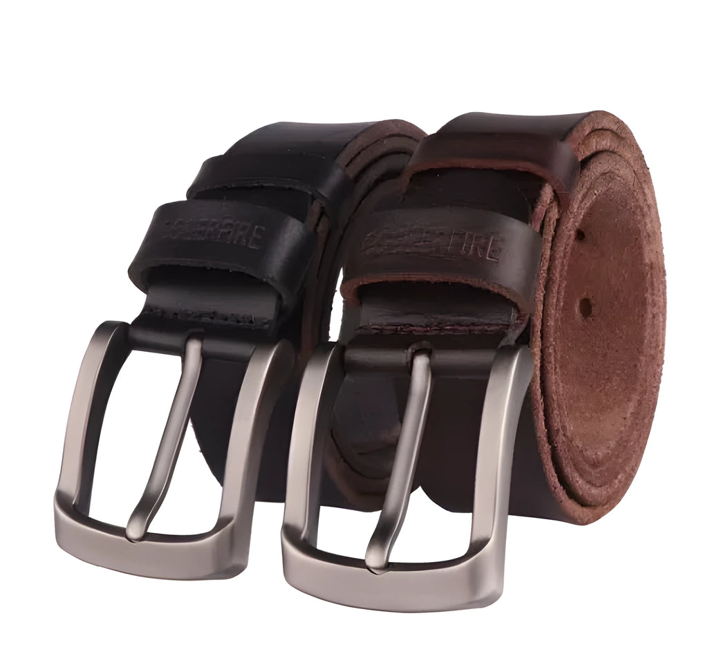 Men's first layer cowhide leather belt with rectangular alloy pin buckle and rivet detail in black