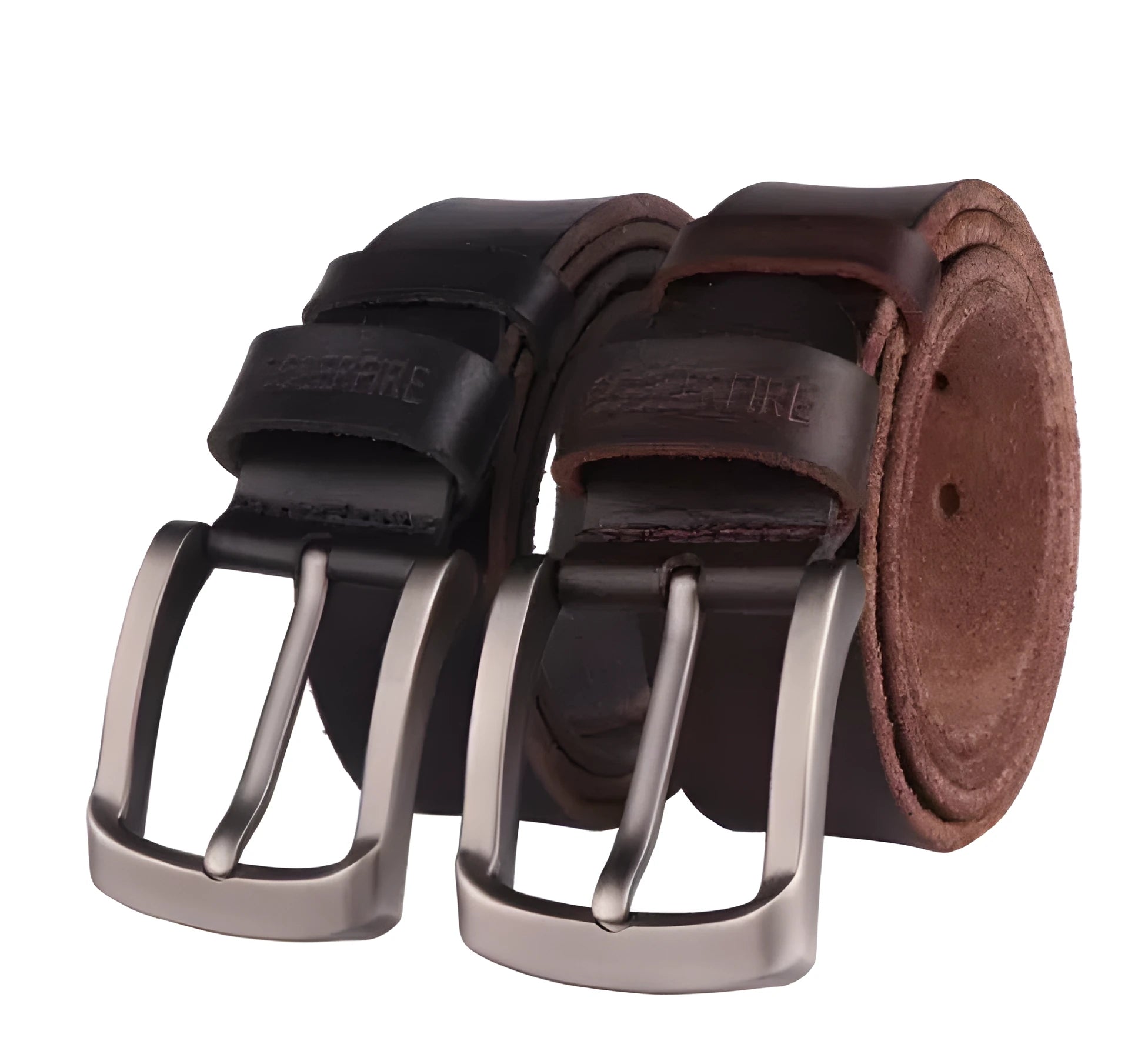 Men's first layer cowhide leather belt with rectangular alloy pin buckle and rivet detail in black