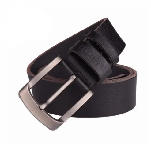 Men's first layer cowhide leather belt with rectangular alloy pin buckle and rivet detail in black