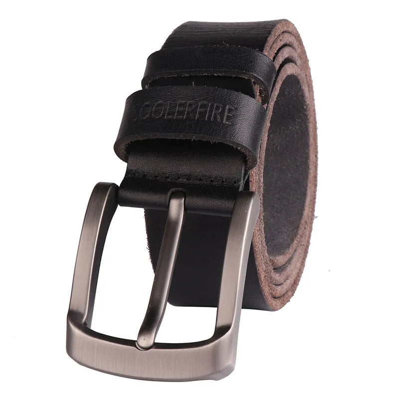 Men's first layer cowhide leather belt with rectangular alloy pin buckle and rivet detail in black
