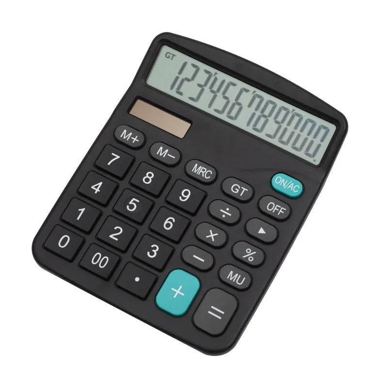 Black 12-digit desktop calculator with large LCD display, solar and battery power, 14.8 x 11.9 x 3.5 cm