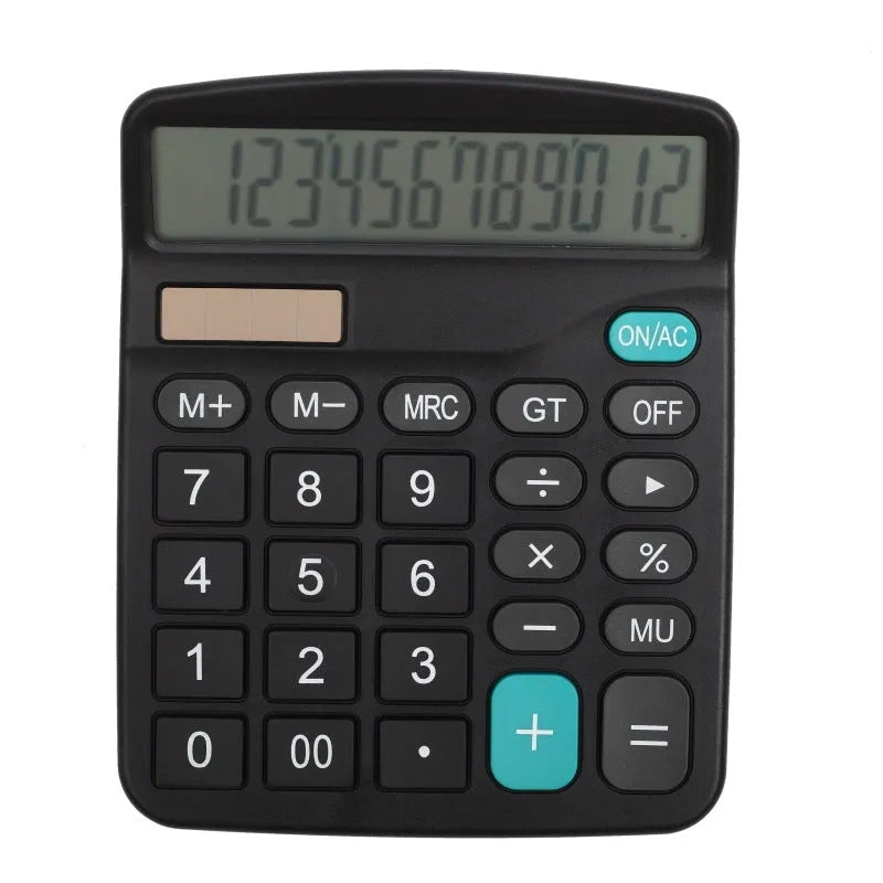Black 12-digit desktop calculator with large LCD display, solar and battery power, 14.8 x 11.9 x 3.5 cm