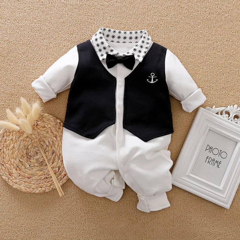 Baby wearing a long-sleeved cotton jumpsuit in navy blue gentleman style