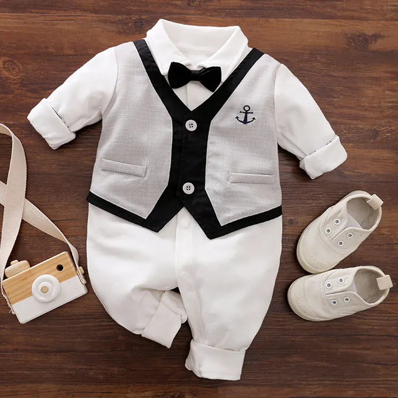 Baby wearing a long-sleeved cotton jumpsuit in navy blue gentleman style