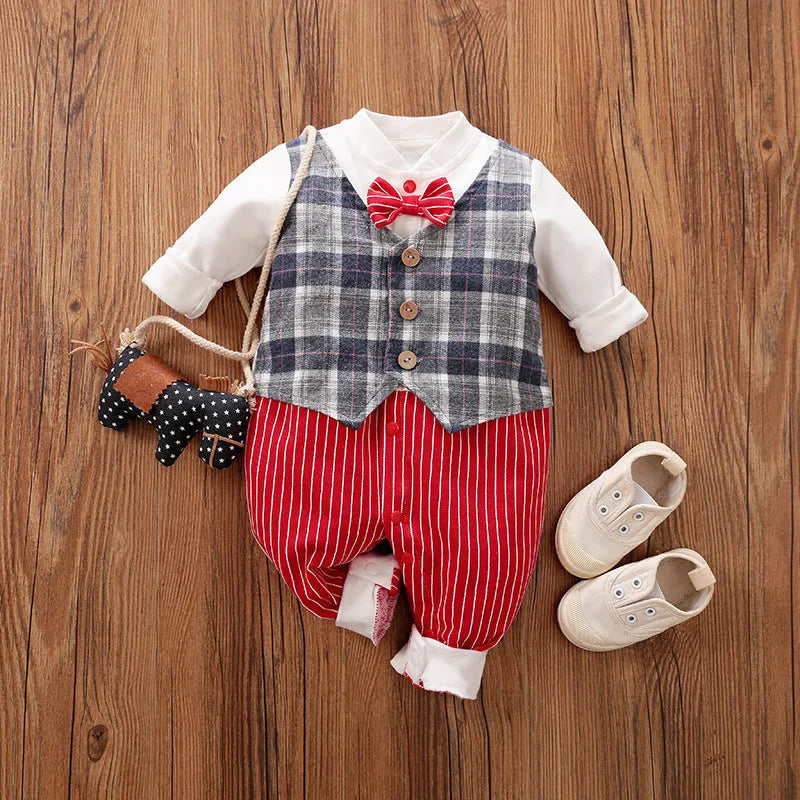 Baby wearing a long-sleeved cotton jumpsuit in navy blue gentleman style