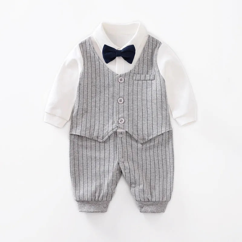 Baby wearing a long-sleeved cotton jumpsuit in navy blue gentleman style