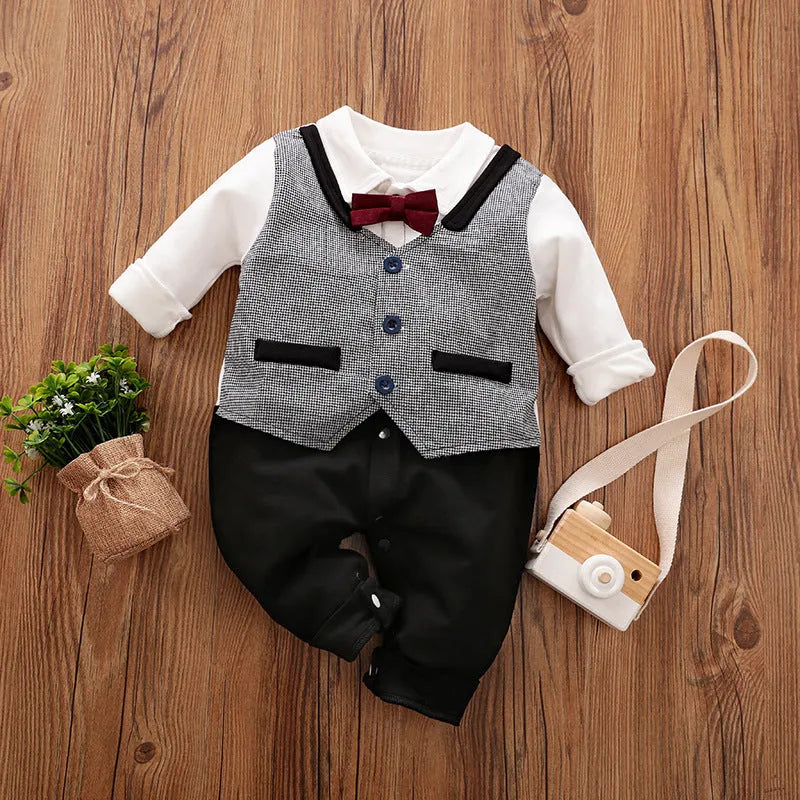 Baby wearing a long-sleeved cotton jumpsuit in navy blue gentleman style