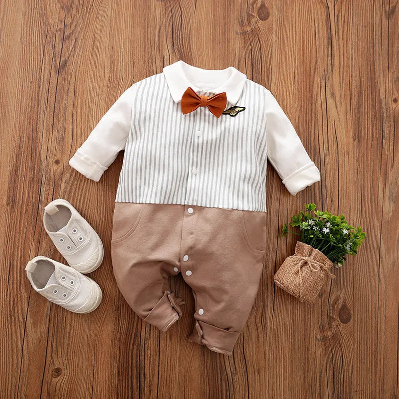 Baby wearing a long-sleeved cotton jumpsuit in navy blue gentleman style