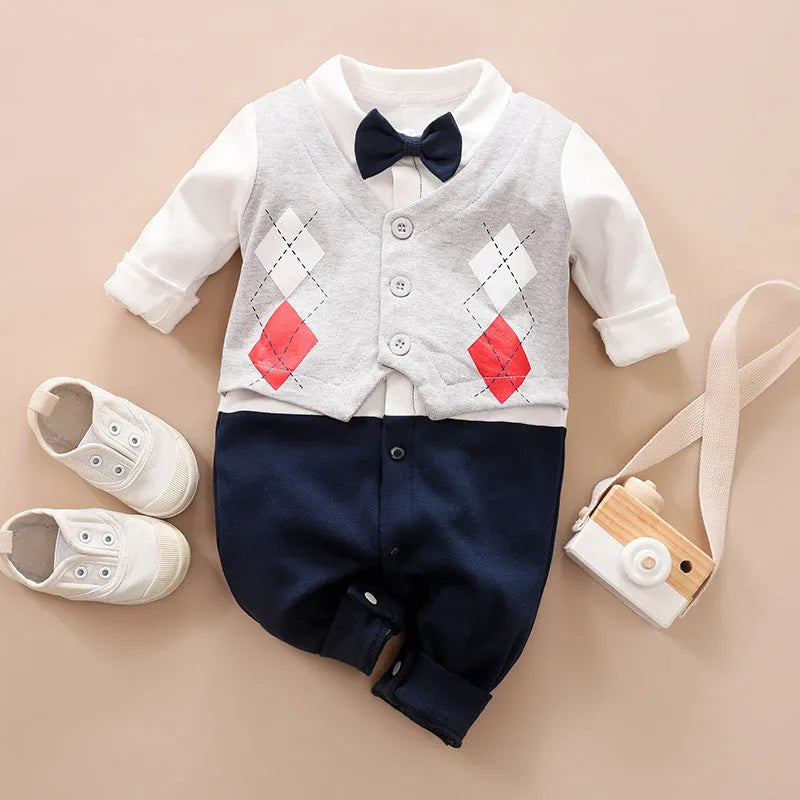 Baby wearing a long-sleeved cotton jumpsuit in navy blue gentleman style