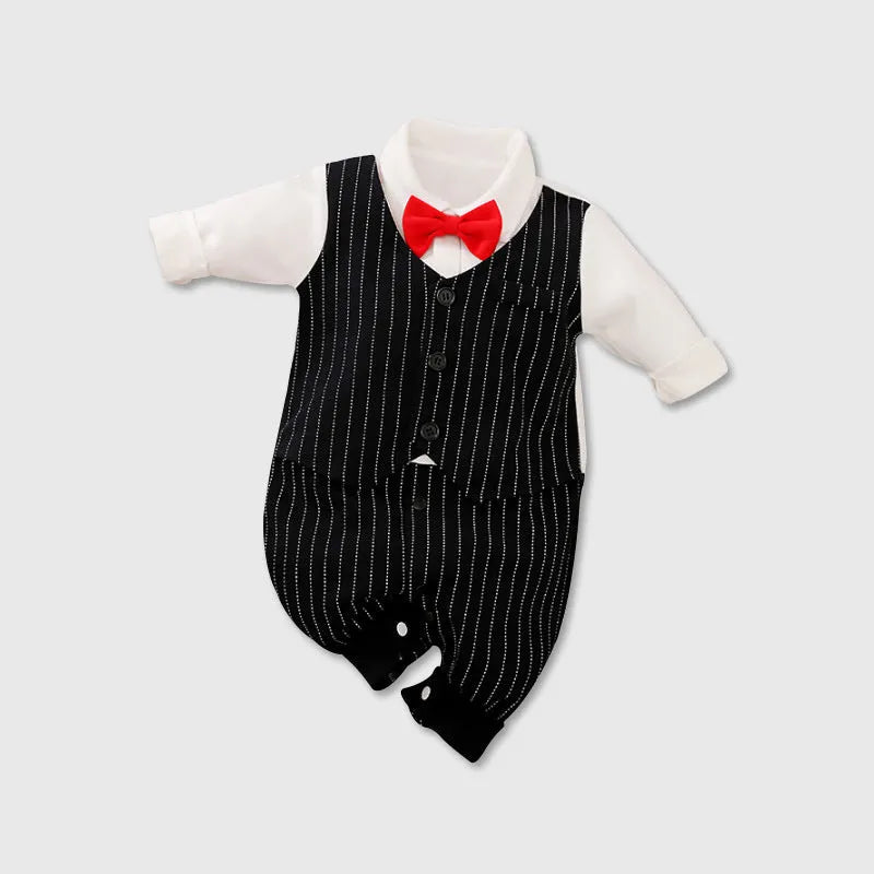 Baby wearing a long-sleeved cotton jumpsuit in navy blue gentleman style