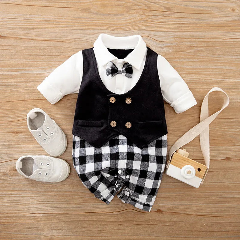 Baby wearing a long-sleeved cotton jumpsuit in navy blue gentleman style