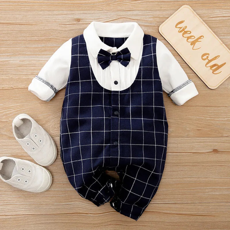 Baby wearing a long-sleeved cotton jumpsuit in navy blue gentleman style