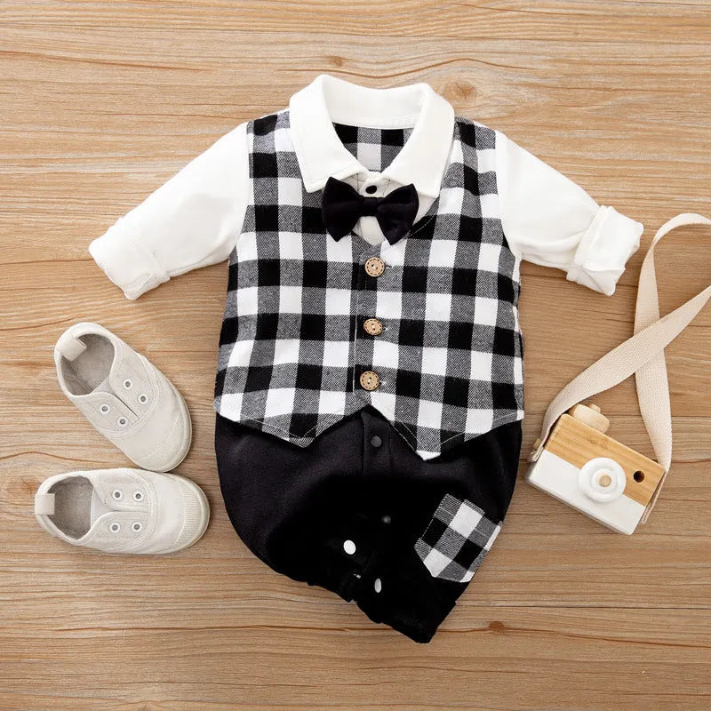 Baby wearing a long-sleeved cotton jumpsuit in navy blue gentleman style