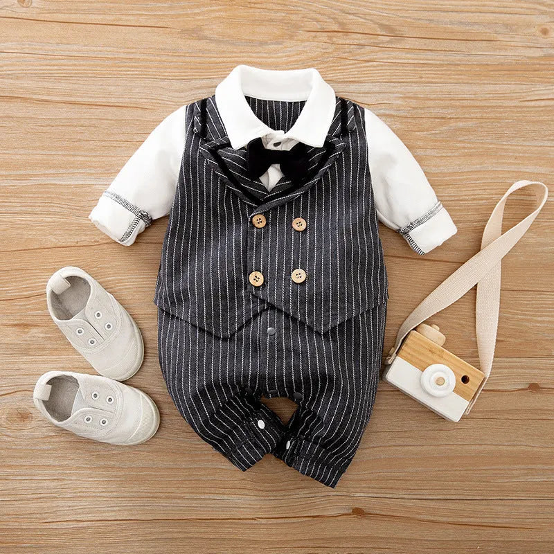 Baby wearing a long-sleeved cotton jumpsuit in navy blue gentleman style