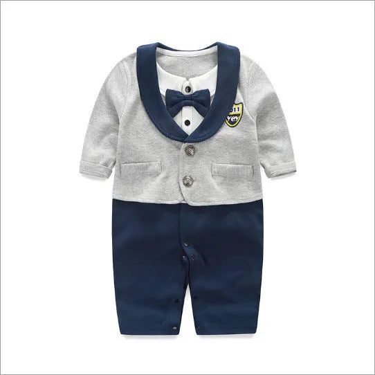 Baby wearing a long-sleeved cotton jumpsuit in navy blue gentleman style