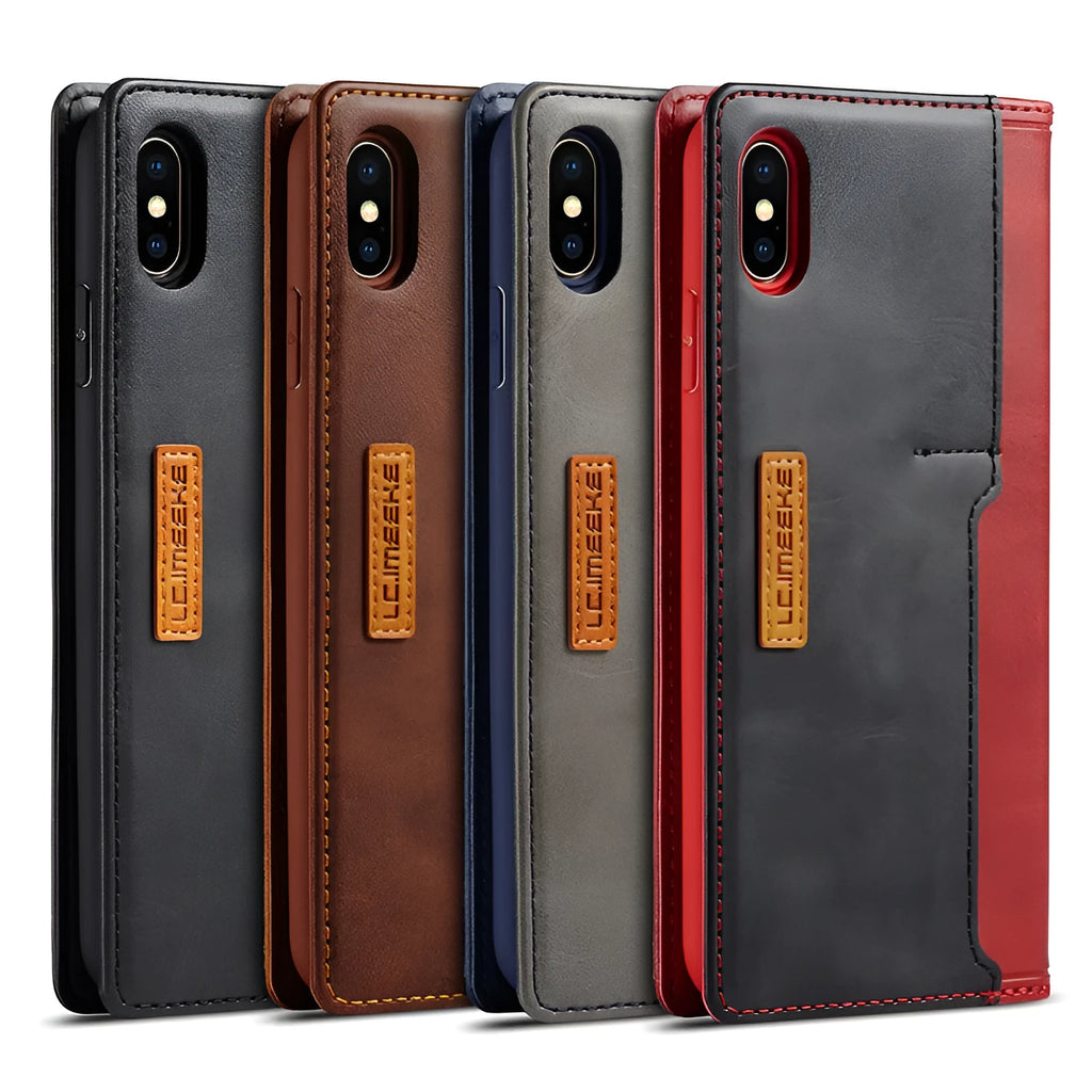 Retro brown leather wallet-style flip case for iPhone, shown open with cards in the slots.