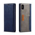 Retro brown leather wallet-style flip case for iPhone, shown open with cards in the slots.