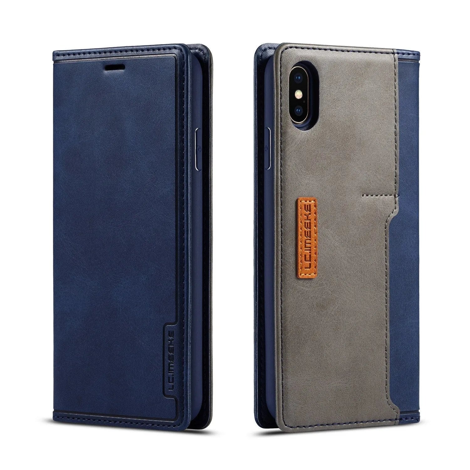 Retro brown leather wallet-style flip case for iPhone, shown open with cards in the slots.