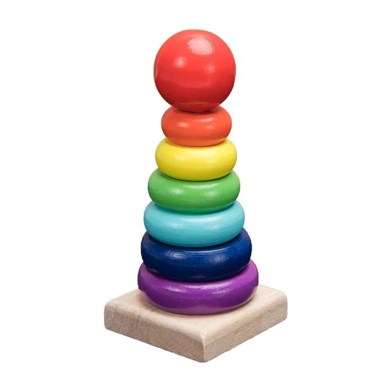 Wooden educational toys including rainbow blocks, musical instruments, and Montessori learning aids for baby development