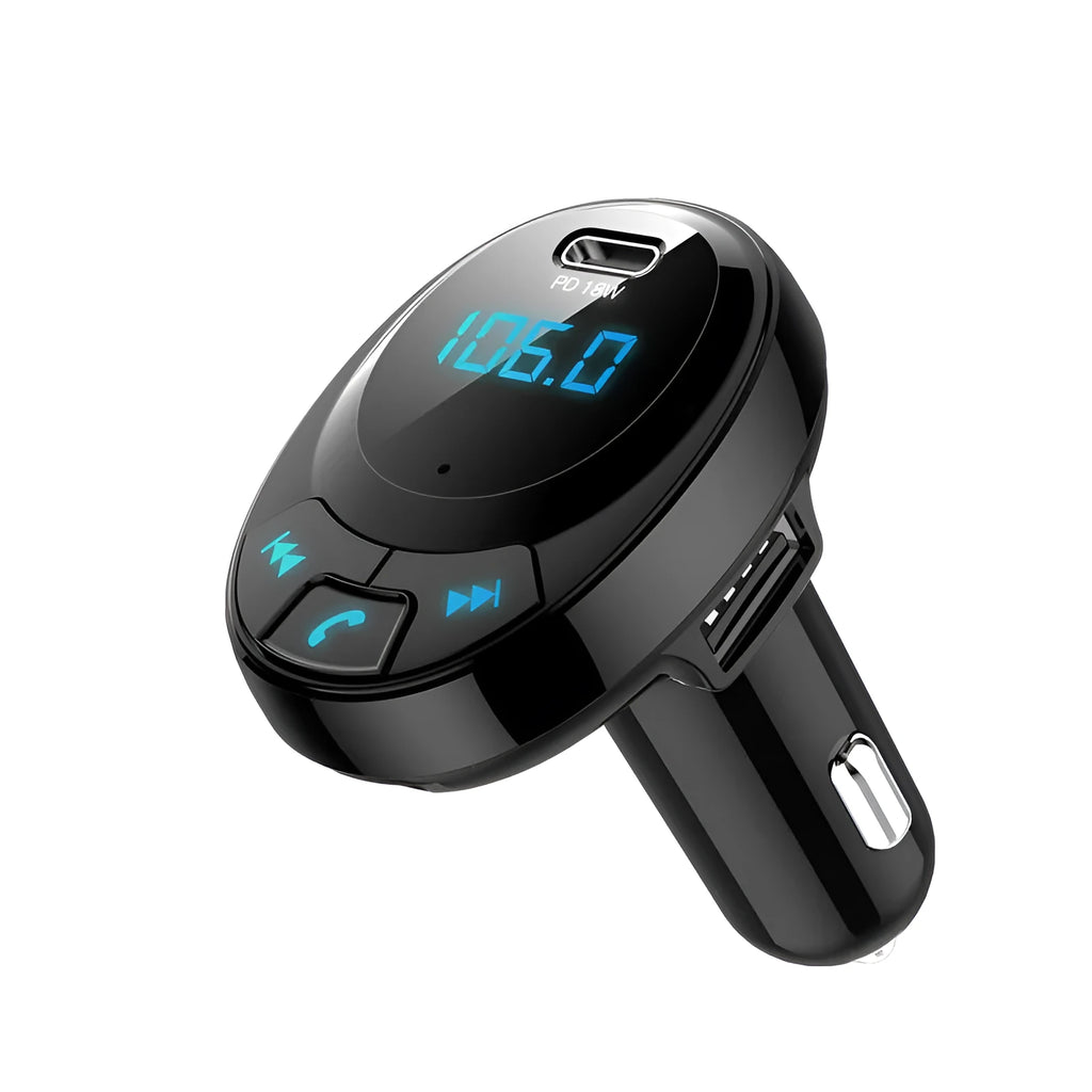 Black Bluetooth car MP3 charger with dual USB ports and a small numeric display