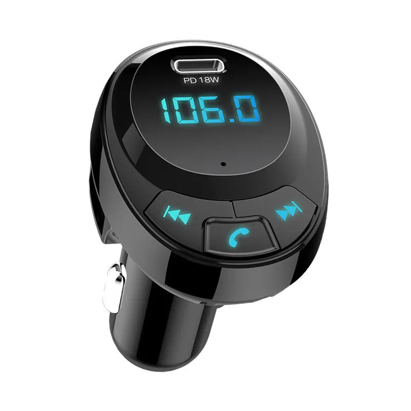 Black Bluetooth car MP3 charger with dual USB ports and a small numeric display