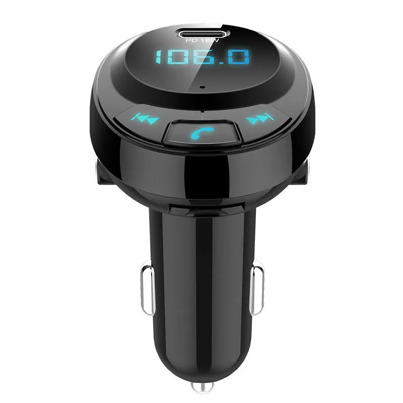 Black Bluetooth car MP3 charger with dual USB ports and a small numeric display
