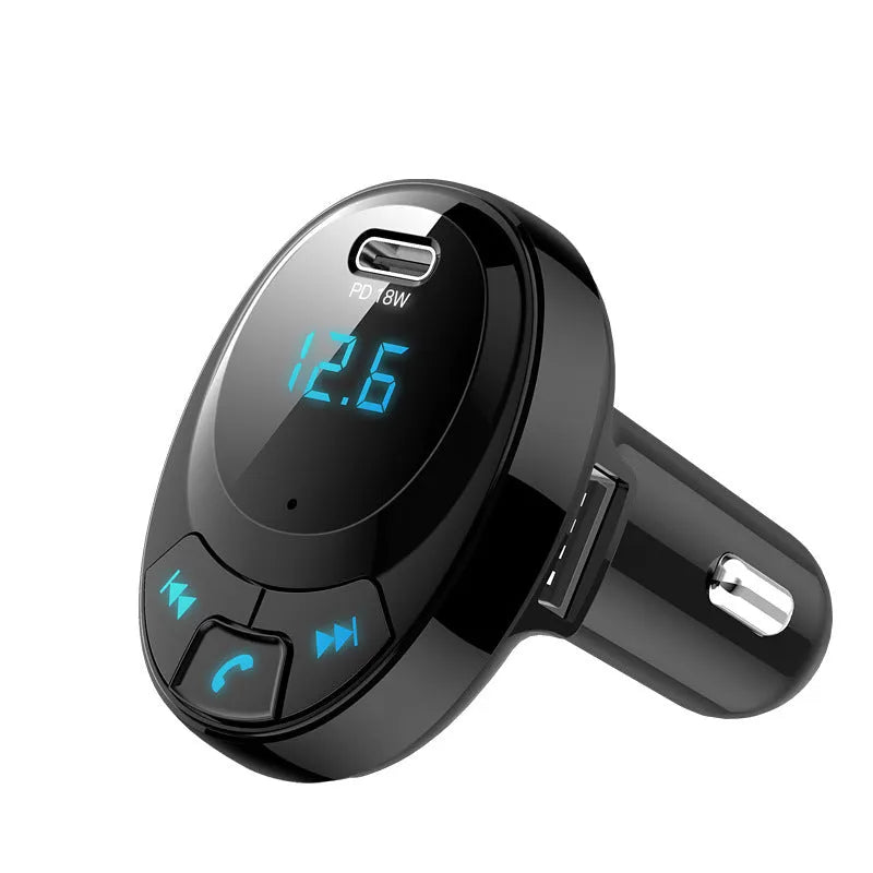 Black Bluetooth car MP3 charger with dual USB ports and a small numeric display
