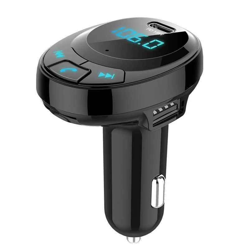 Black Bluetooth car MP3 charger with dual USB ports and a small numeric display