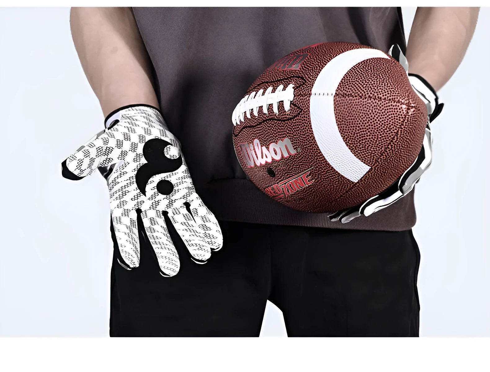 Boodun American football rugby gloves with silicone non-slip palm in white, size M, on a plain background