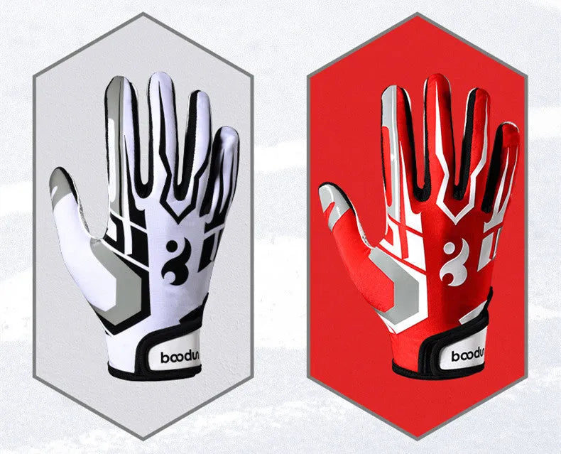 Boodun American football rugby gloves with silicone non-slip palm in white, size M, on a plain background