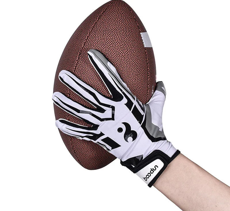 Boodun American football rugby gloves with silicone non-slip palm in white, size M, on a plain background