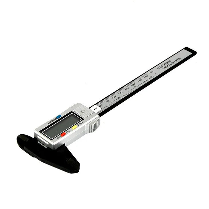 Silver metal casing electronic digital depth vernier caliper 0-150mm with LCD display on white background