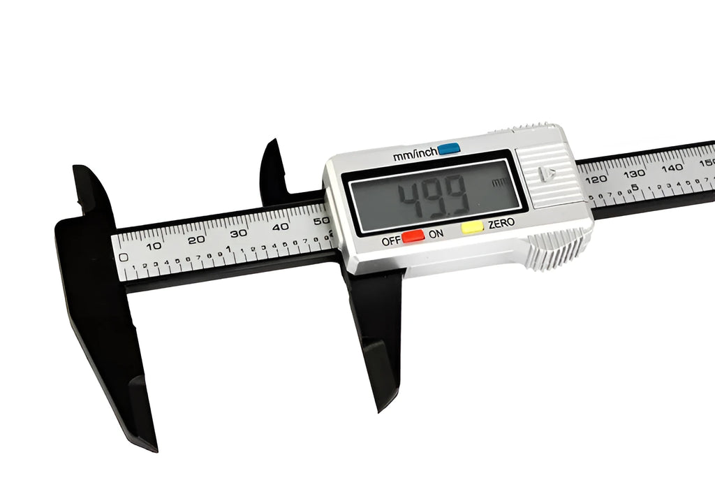 Silver metal casing electronic digital depth vernier caliper 0-150mm with LCD display on white background