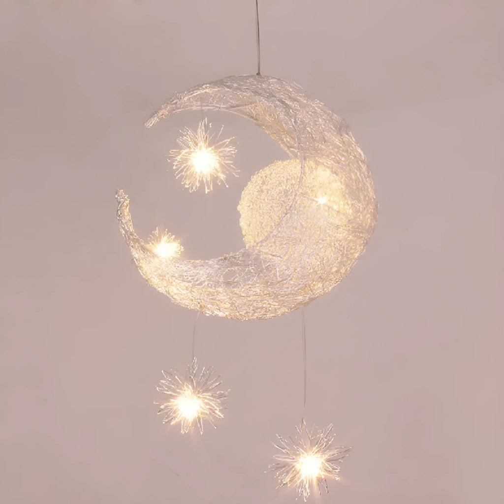 Aluminium wire star moon chandelier with zinc alloy and iron construction, 250mm diameter