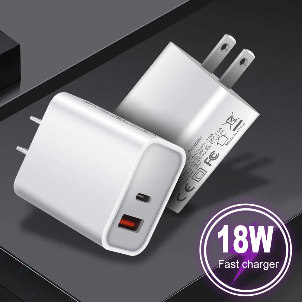 White 18W USB Type-C fast charging plug with dual ports for Apple iPhone 12 phones