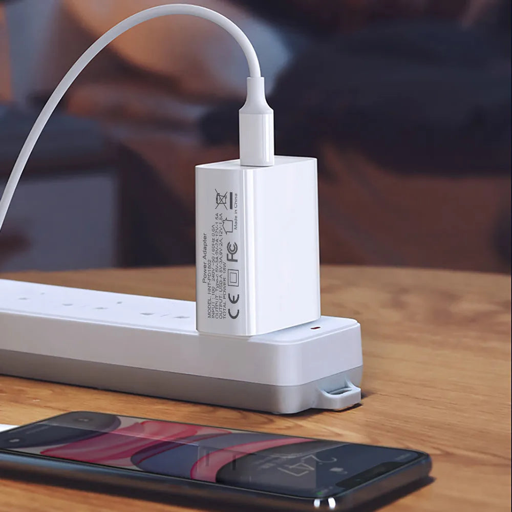 White 18W USB Type-C fast charging plug with dual ports for Apple iPhone 12 phones