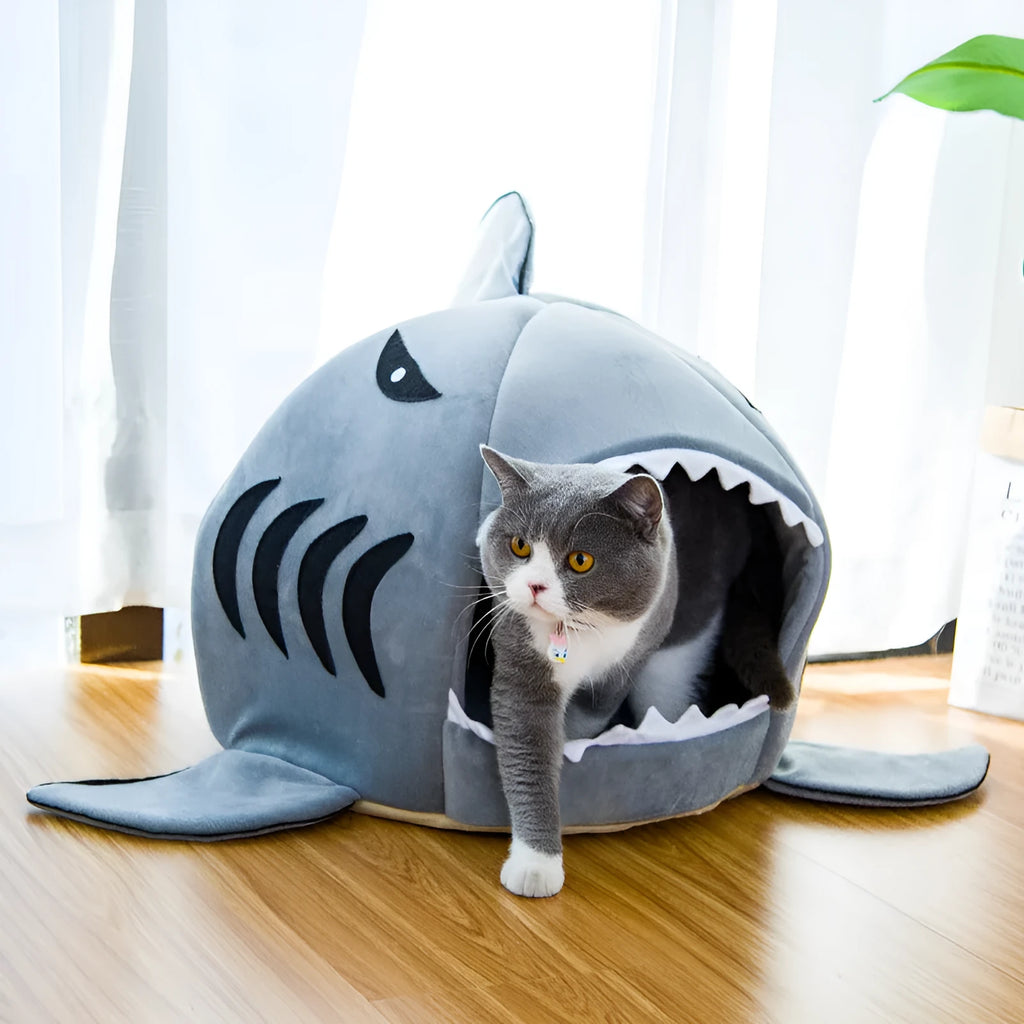 Grey shark-shaped pet bed for small dogs and cats with enclosed den design