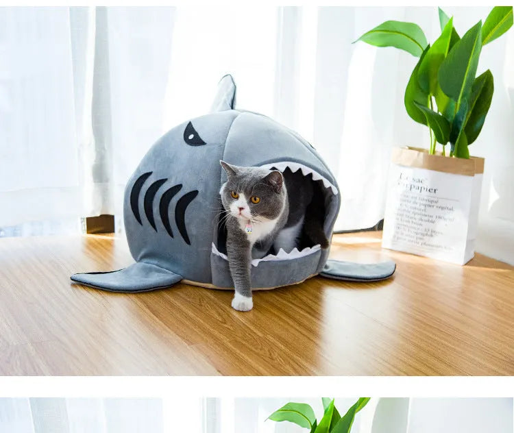 Grey shark-shaped pet bed for small dogs and cats with enclosed den design